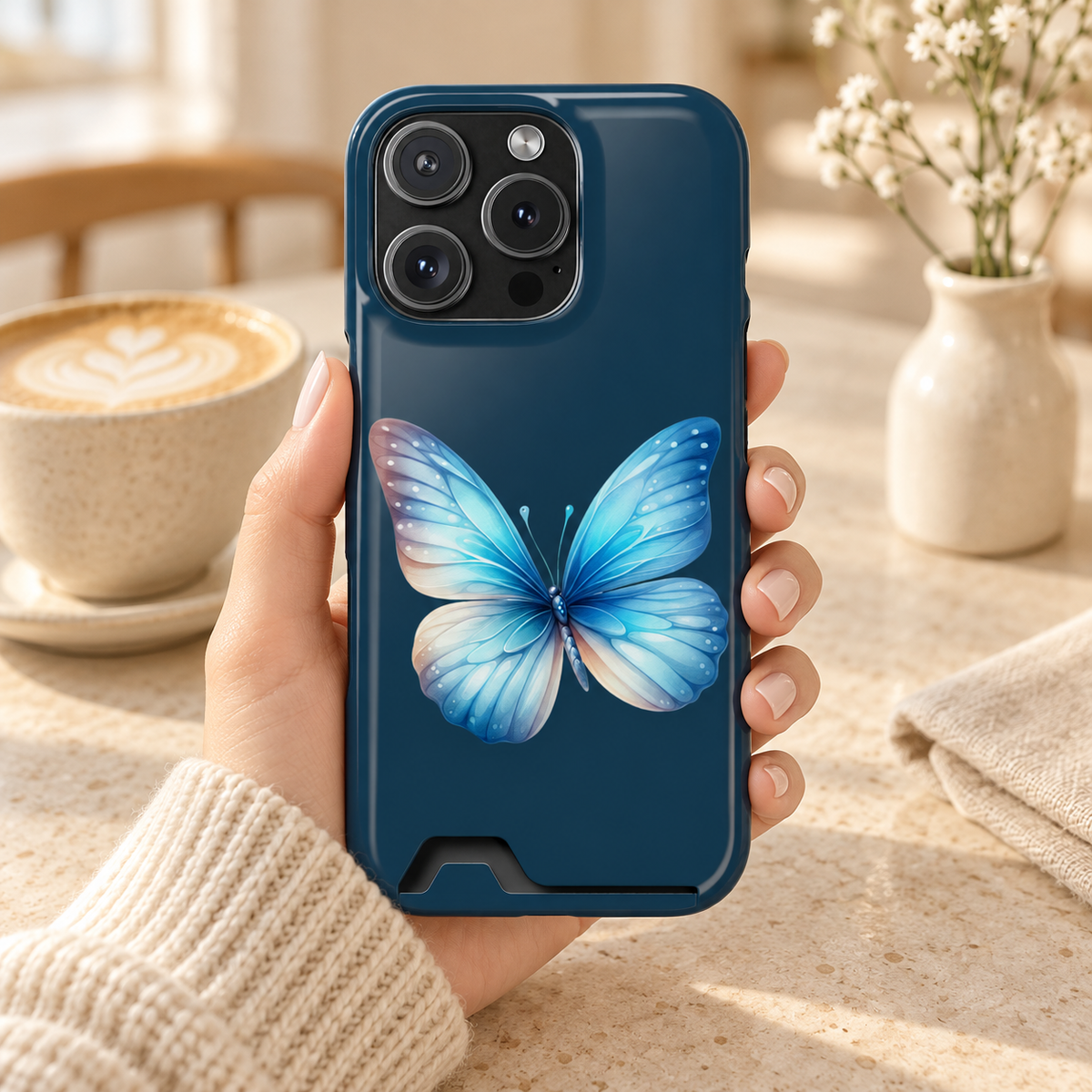 Blue Butterfly phone case with card holder, a blue butterfly on deep navy, lifestyle photo in hand with coffee