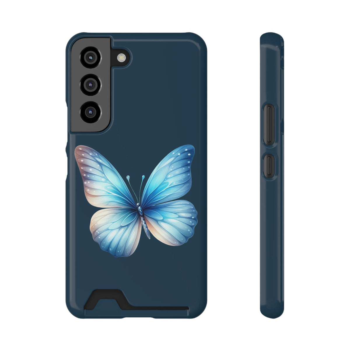 Blue Butterfly phone case with card holder for Samsung Galaxy S22, glossy finish