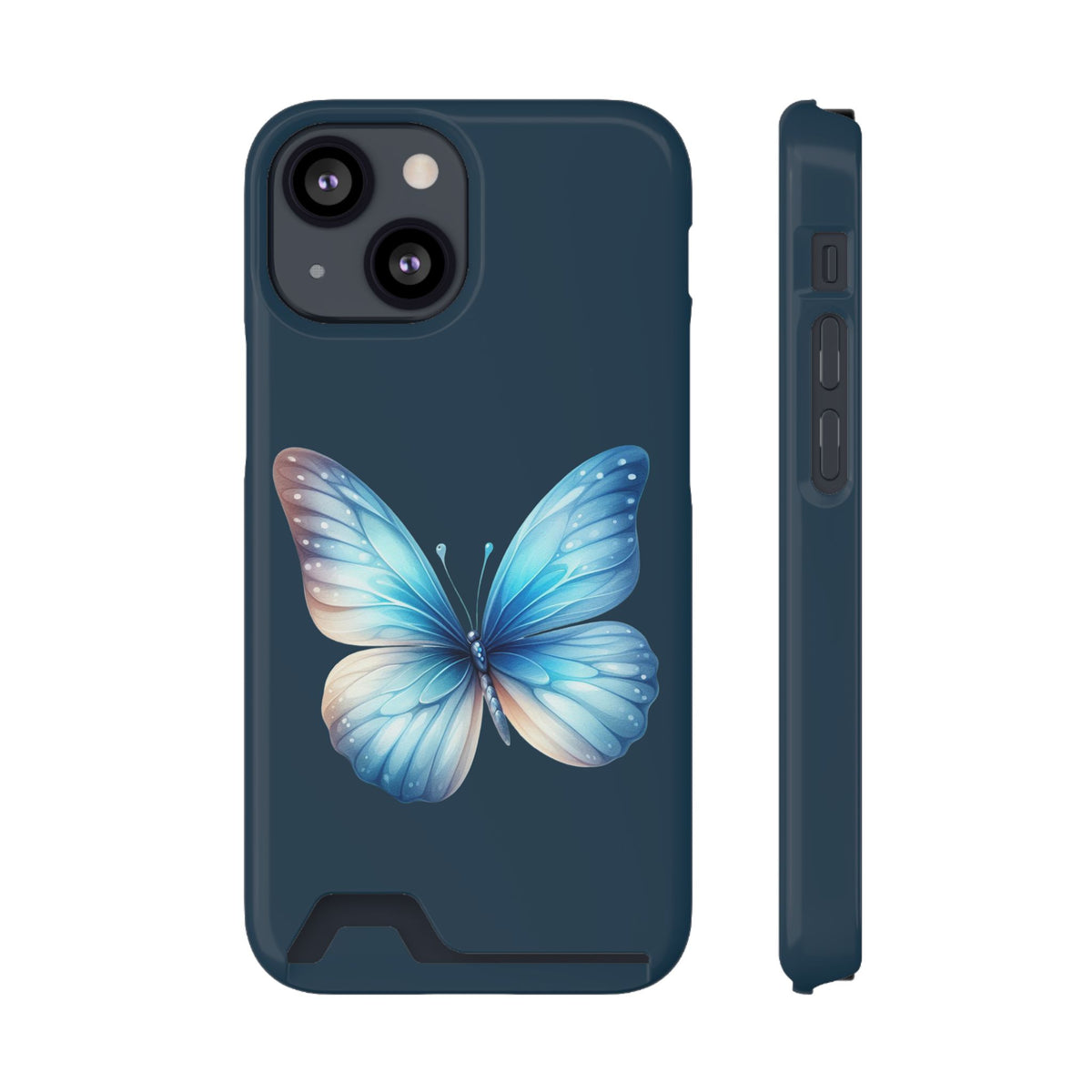 Blue Butterfly phone case with card holder for iPhone 13 Mini, glossy finish