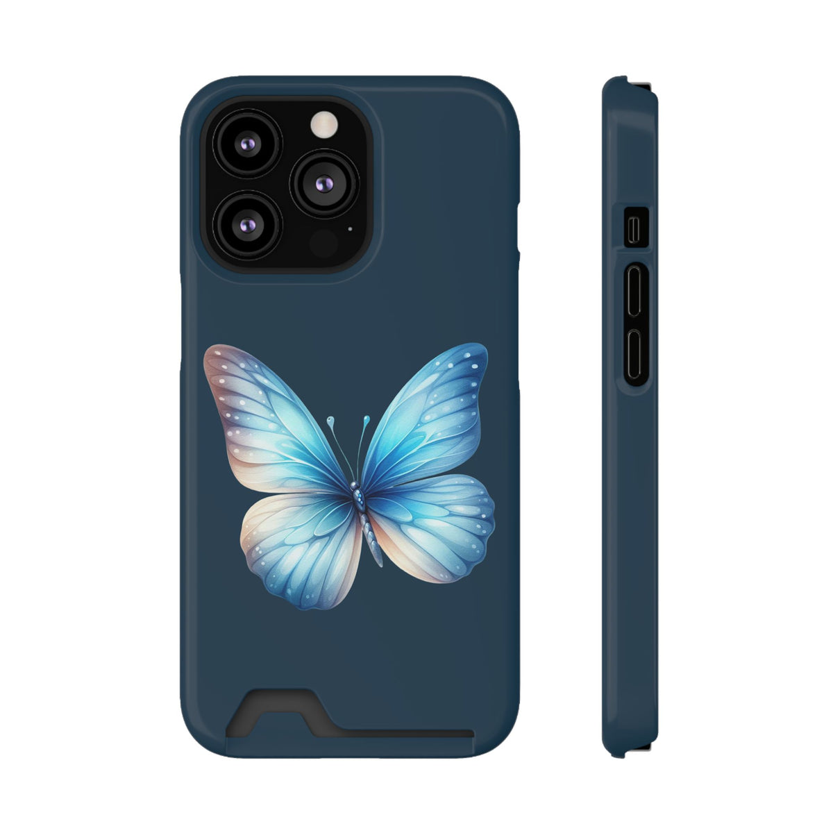 Blue Butterfly phone case with card holder for iPhone 13 Pro, glossy finish