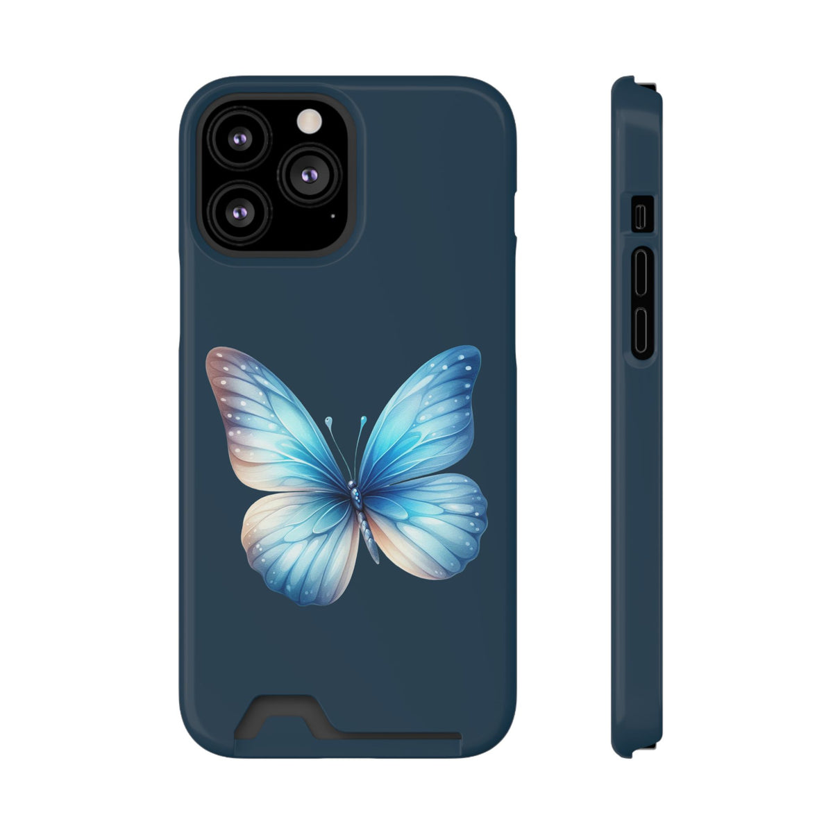 Blue Butterfly phone case with card holder for iPhone 13 Pro Max, glossy finish