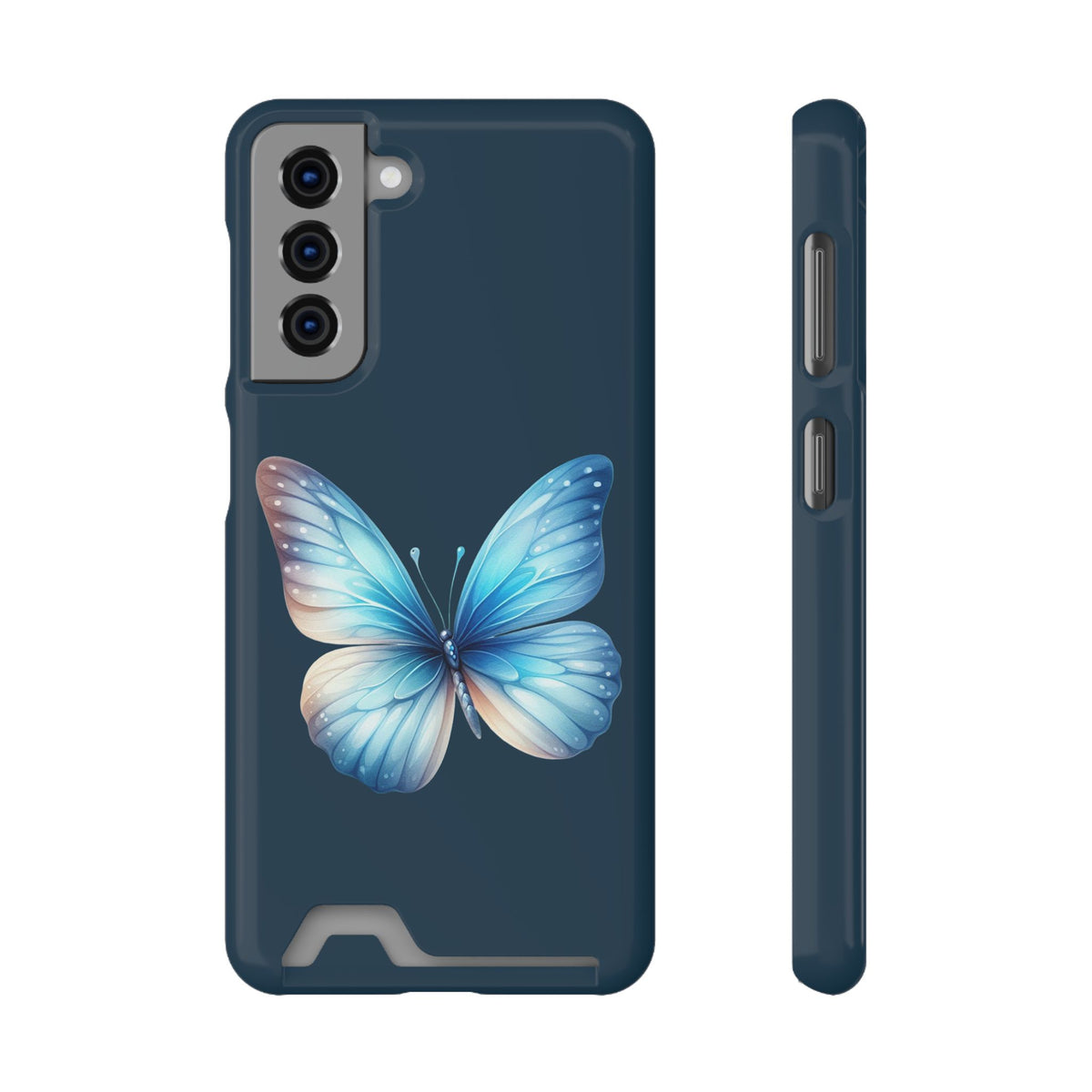 Blue Butterfly phone case with card holder for Samsung Galaxy S21, glossy finish