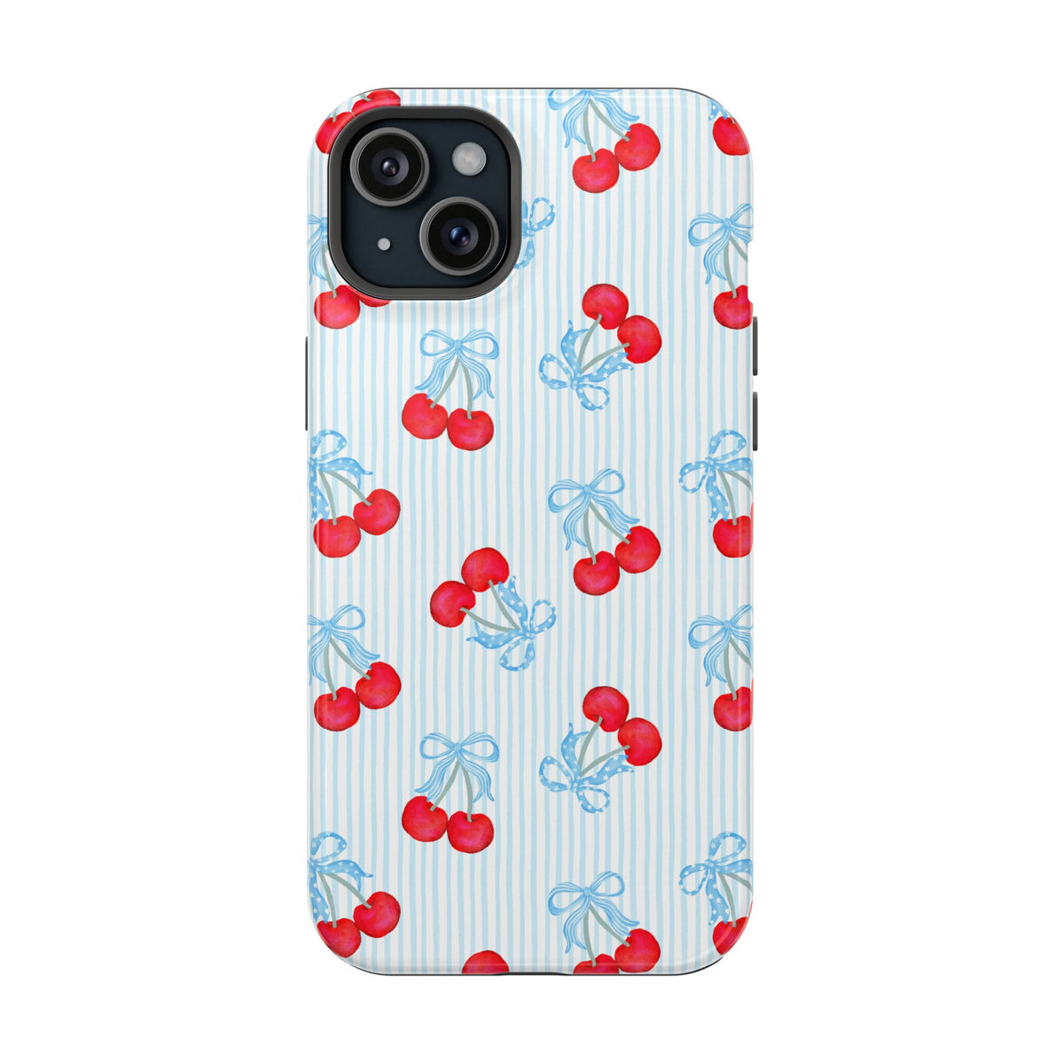 Blue Cherry Bow protective phone case for iPhone 15 Plus, glossy finish