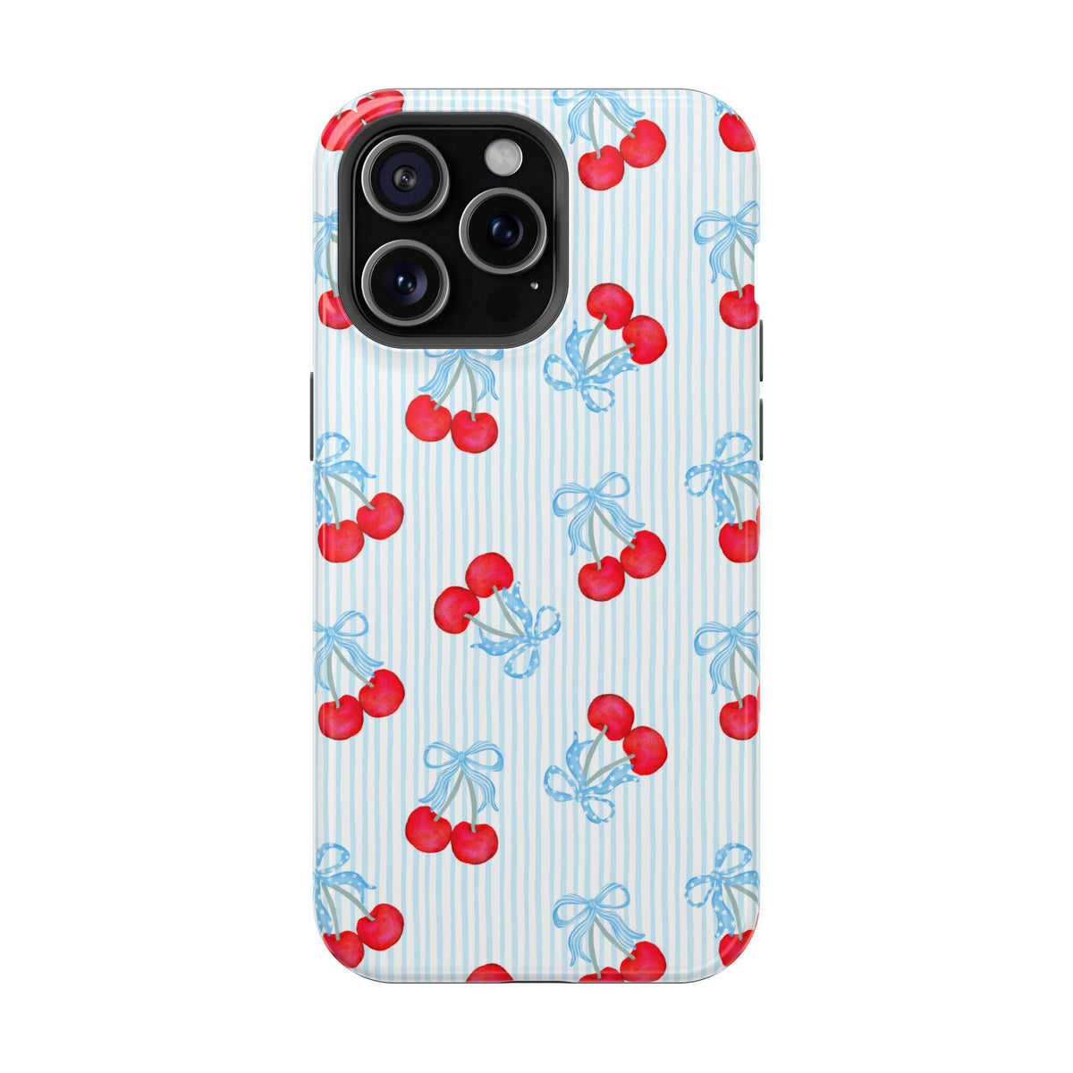 Blue Cherry Bow protective phone case for iPhone 15 Pro Max, glossy finish