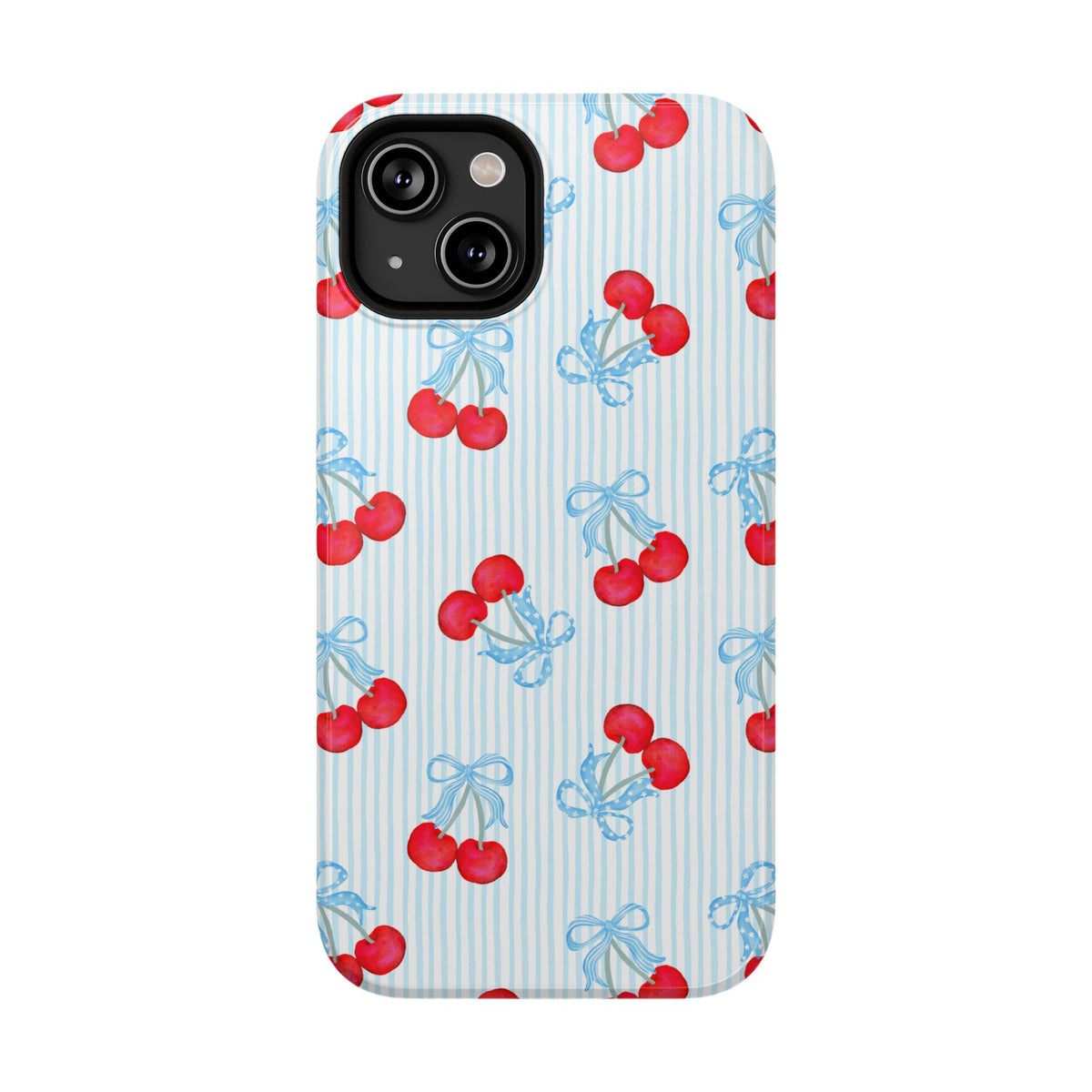 Blue Cherry Bow protective phone case for iPhone 14, glossy finish