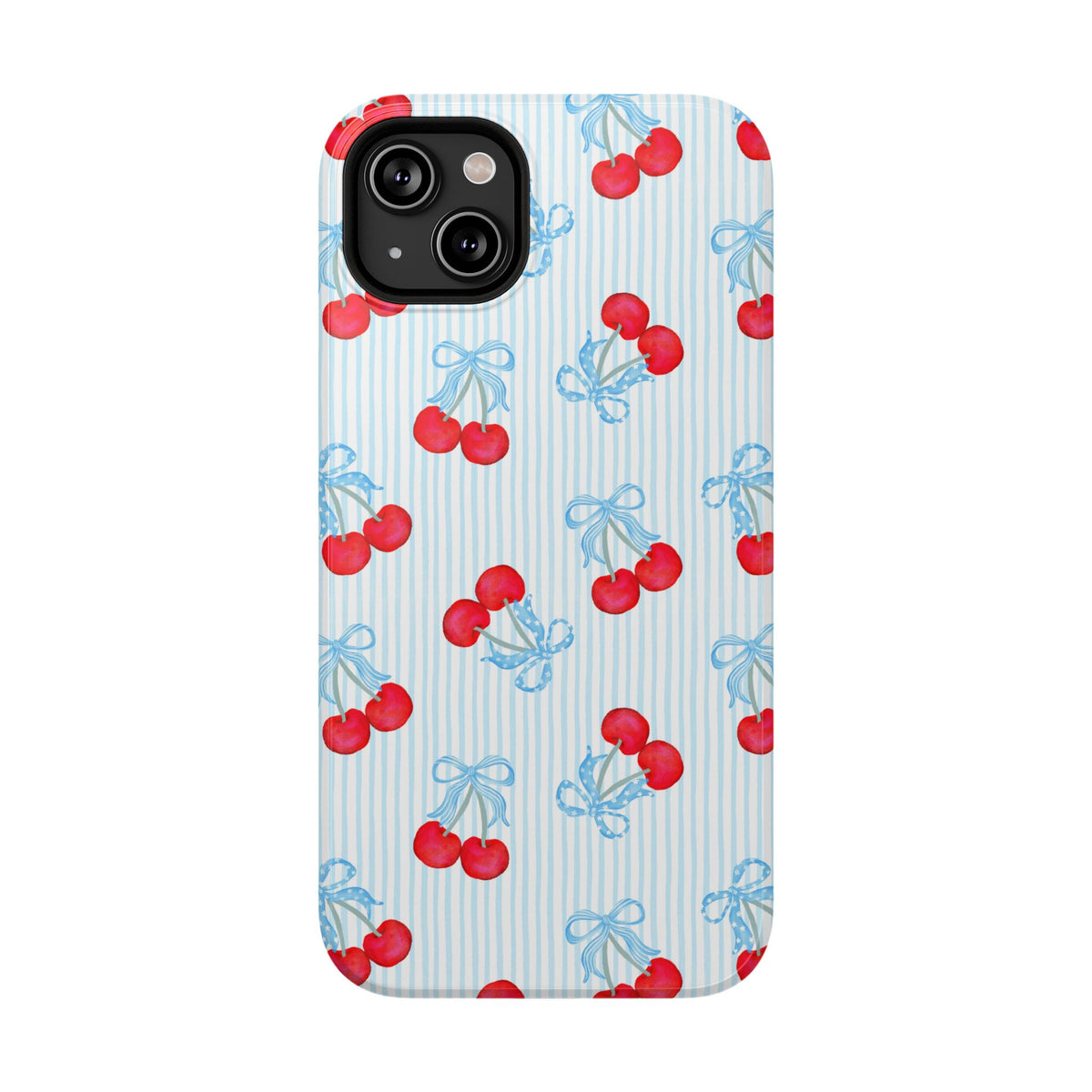 Blue Cherry Bow protective phone case for iPhone 14 Plus, glossy finish