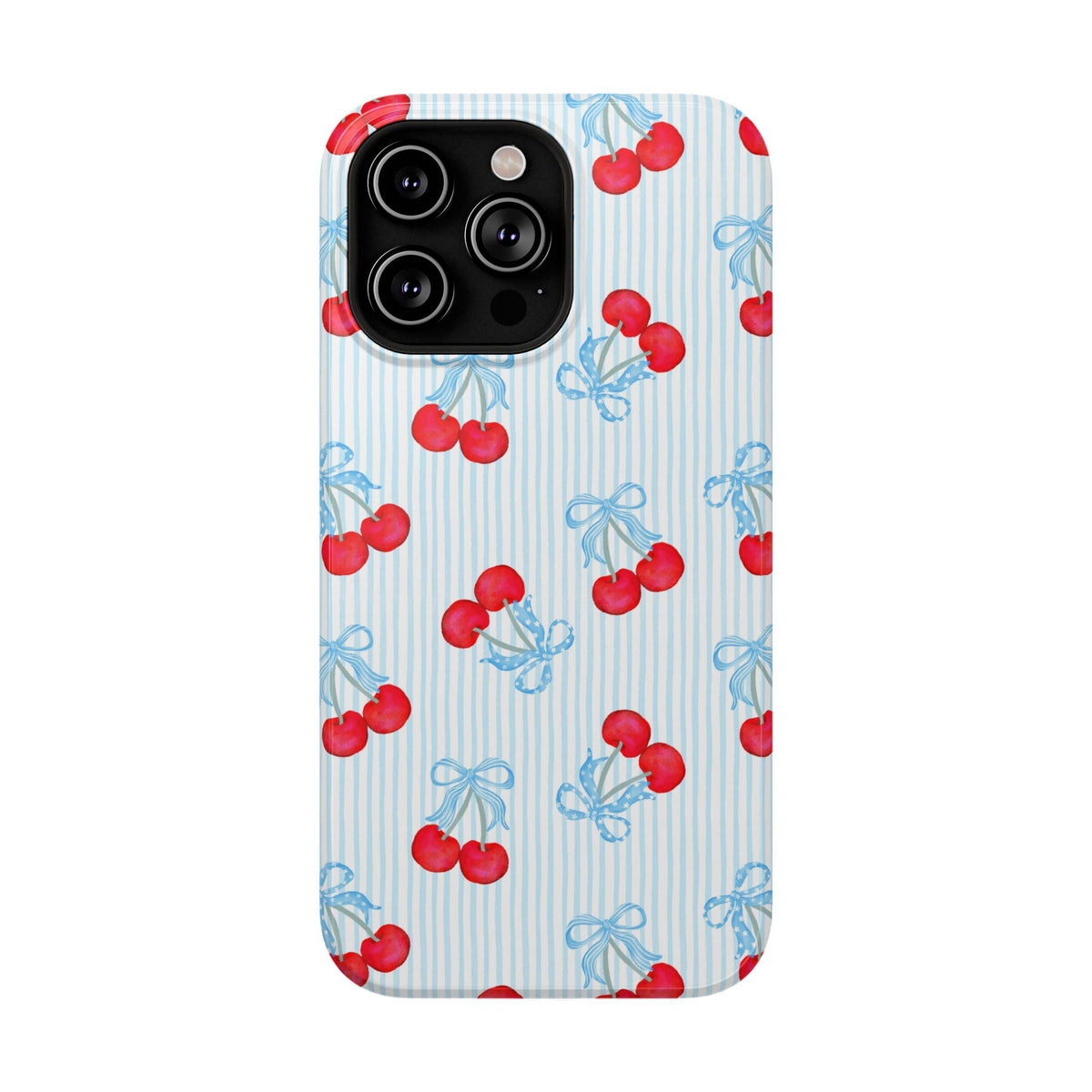 Blue Cherry Bow protective phone case for iPhone 14 Pro Max, glossy finish