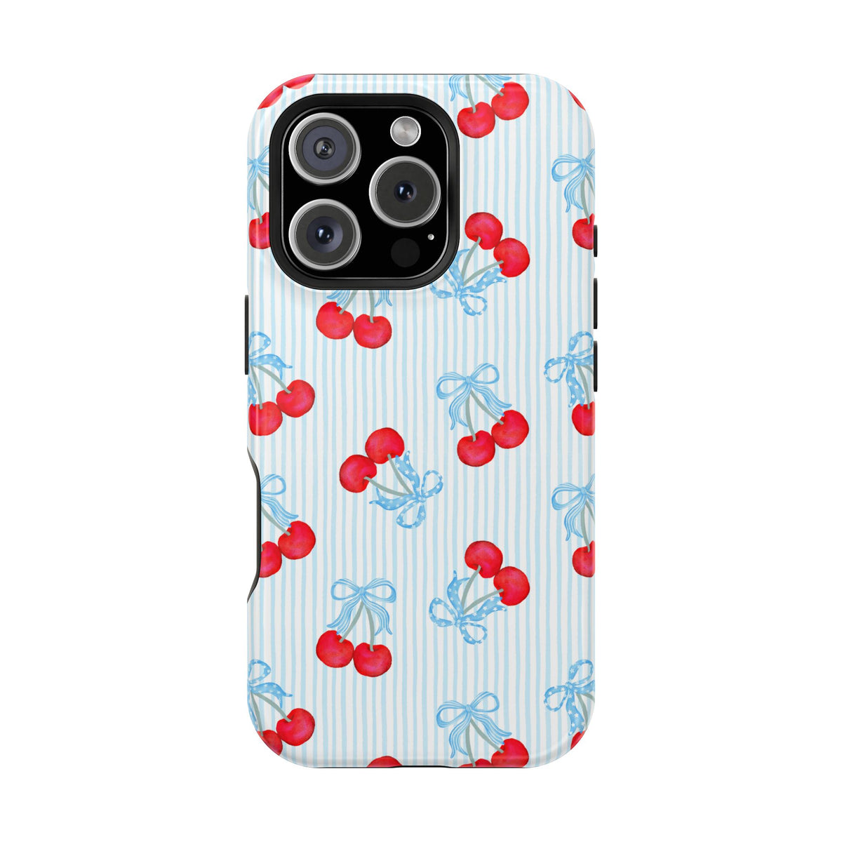 Blue Cherry Bow protective phone case for iPhone 16 Pro, glossy finish