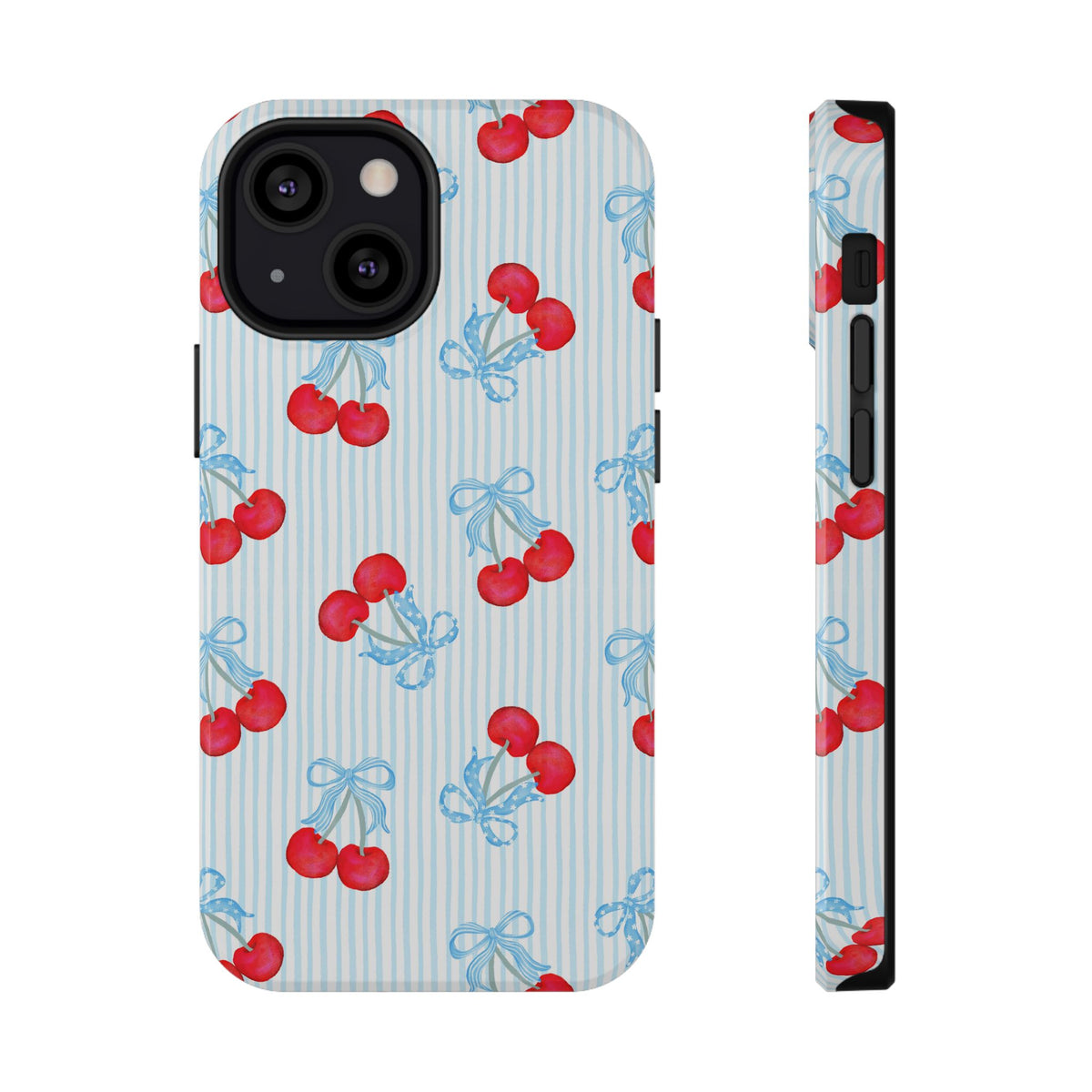 Blue Cherry Bow protective phone case for iPhone 13 Mini, glossy finish