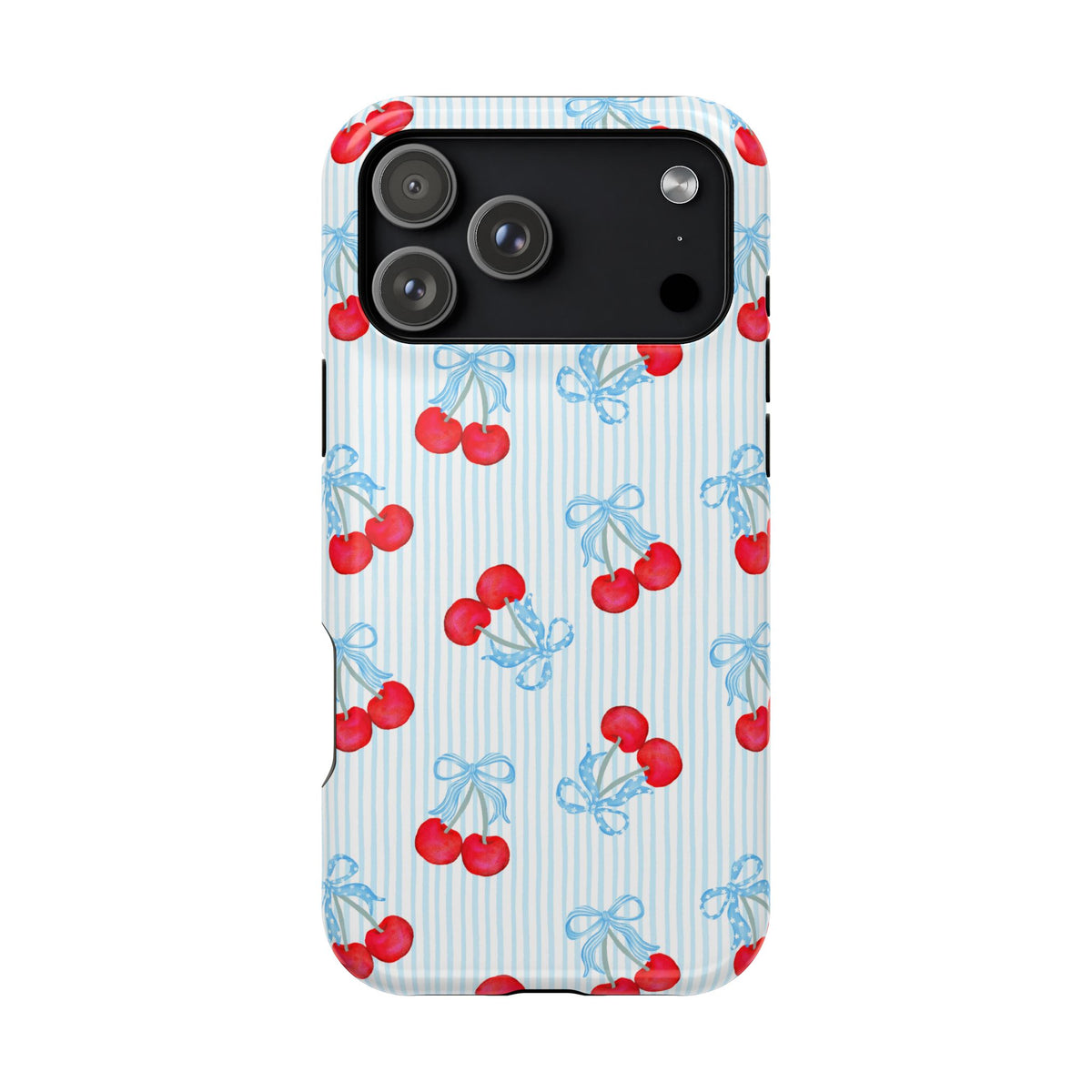 Blue Cherry Bow protective phone case for iPhone 17 Pro Max, glossy finish