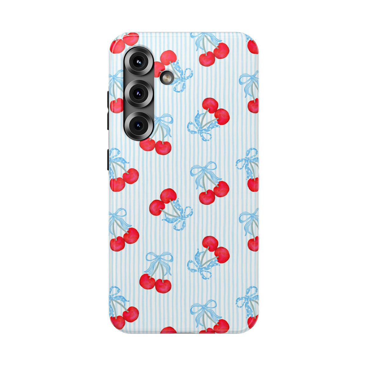 Blue Cherry Bow protective phone case for Samsung Galaxy S25, glossy finish