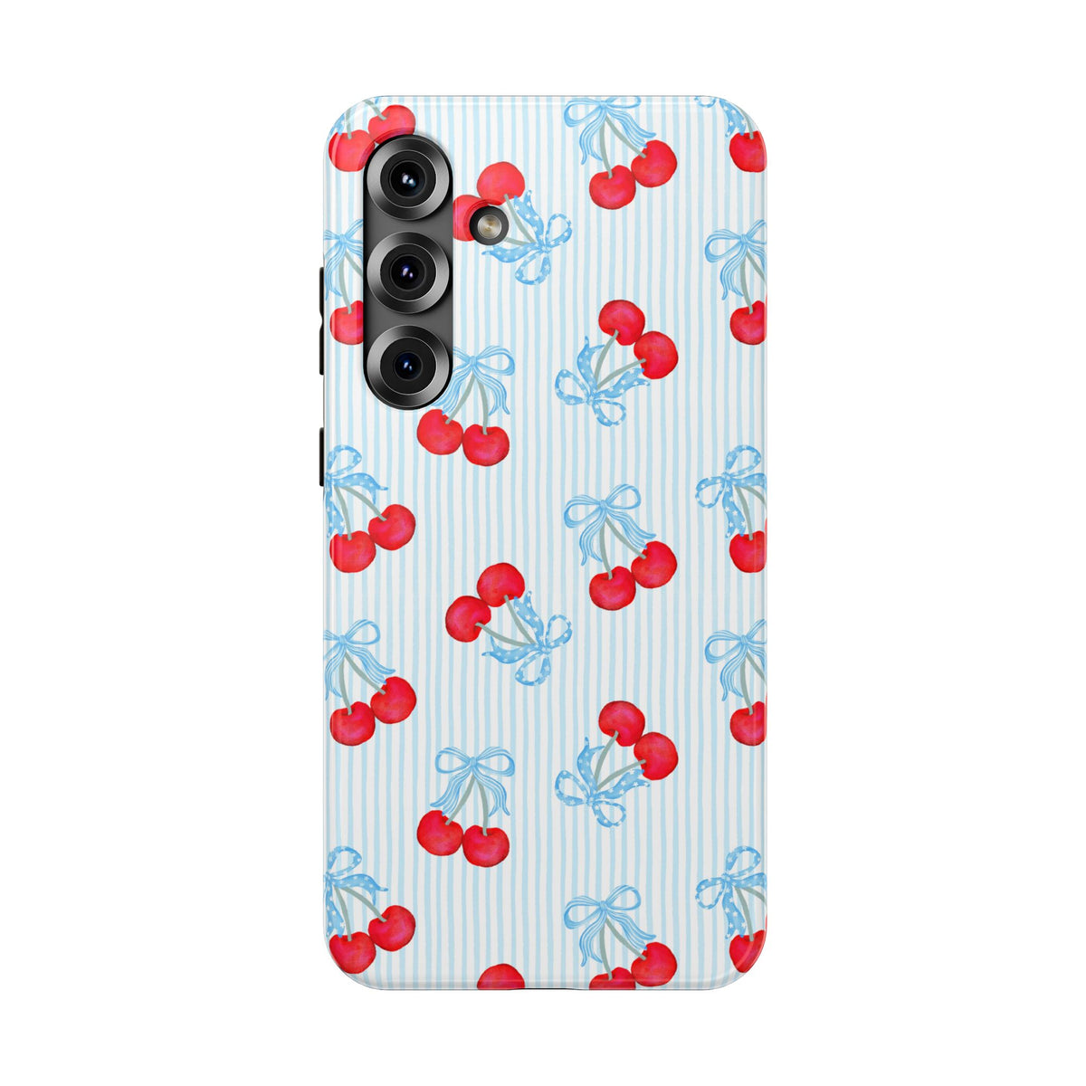Blue Cherry Bow protective phone case for Samsung Galaxy S25 Plus, glossy finish