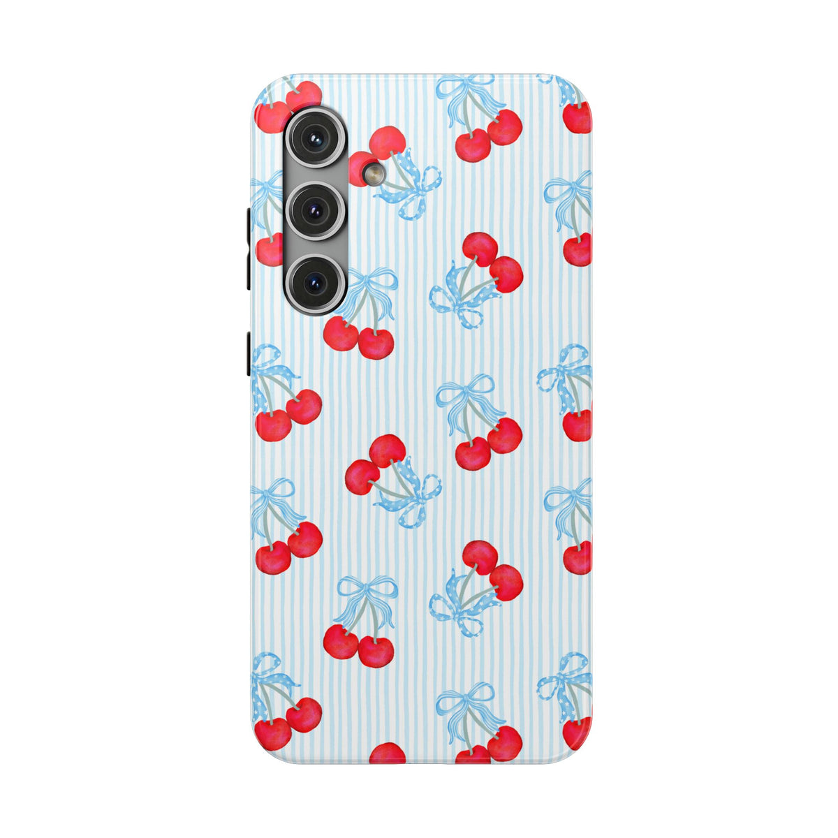 Blue Cherry Bow protective phone case for Samsung Galaxy S24 Plus, glossy finish
