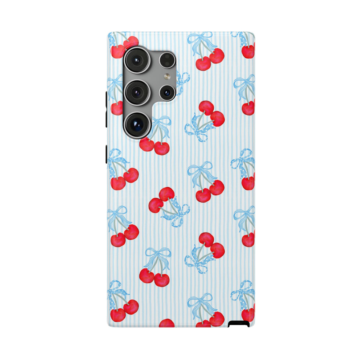 Blue Cherry Bow protective phone case for Samsung Galaxy S24 Ultra, glossy finish