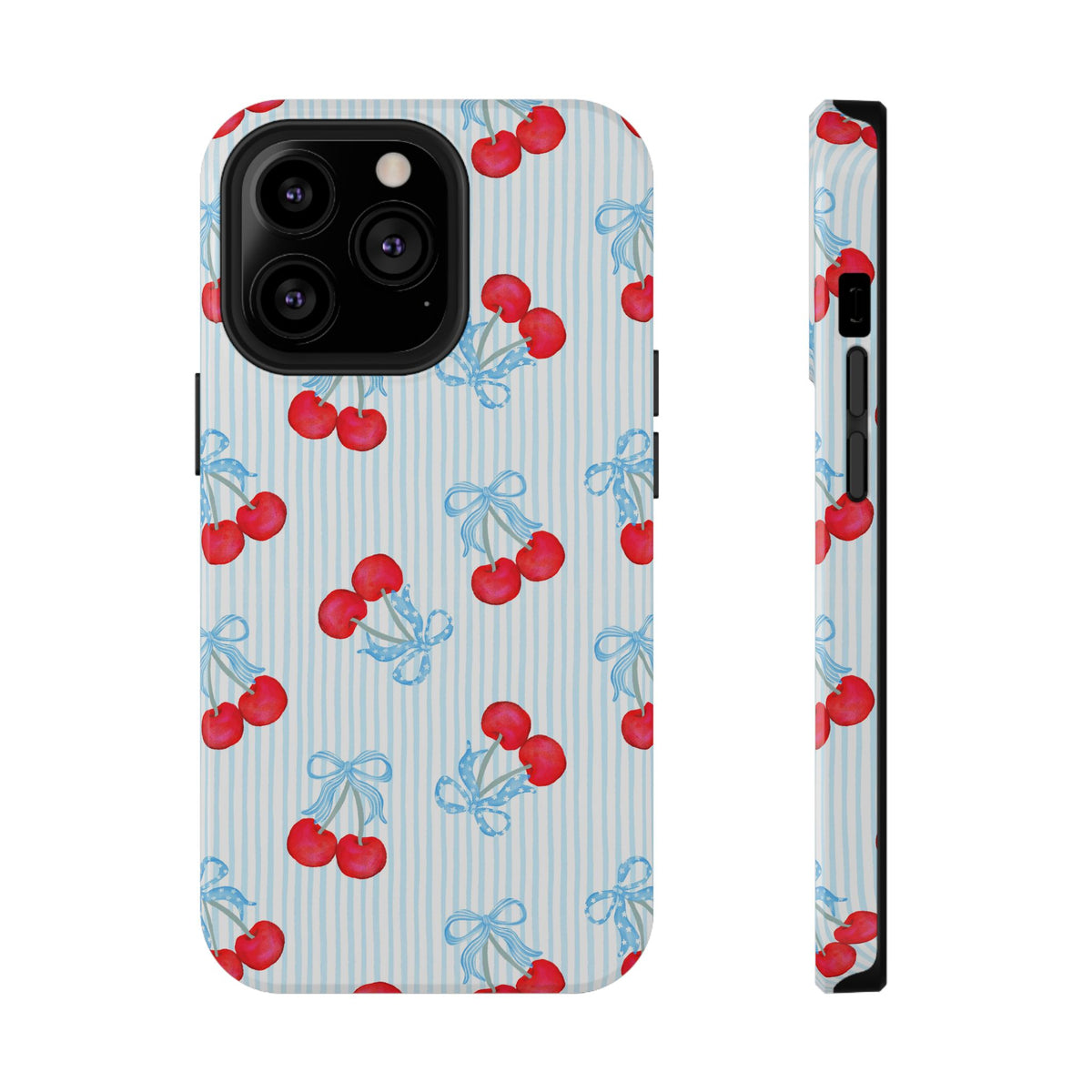 Blue Cherry Bow protective phone case for iPhone 13 Pro, glossy finish