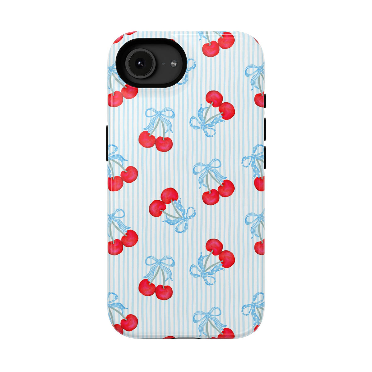Blue Cherry Bow protective phone case for iPhone 16e, glossy finish