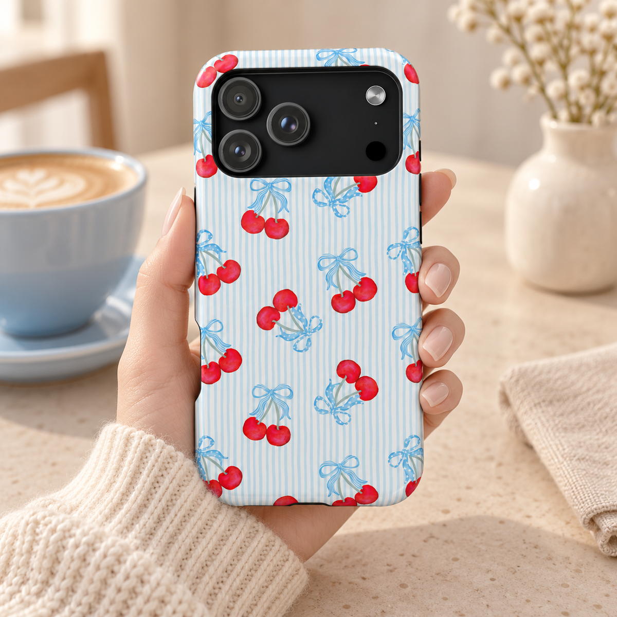 Blue Cherry Bow protective phone case, red cherries and baby blue bows on blue pinstripes, lifestyle photo in hand with coffee