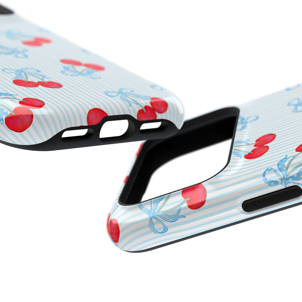 Blue Cherry Bow protective phone case, close-up at an angle