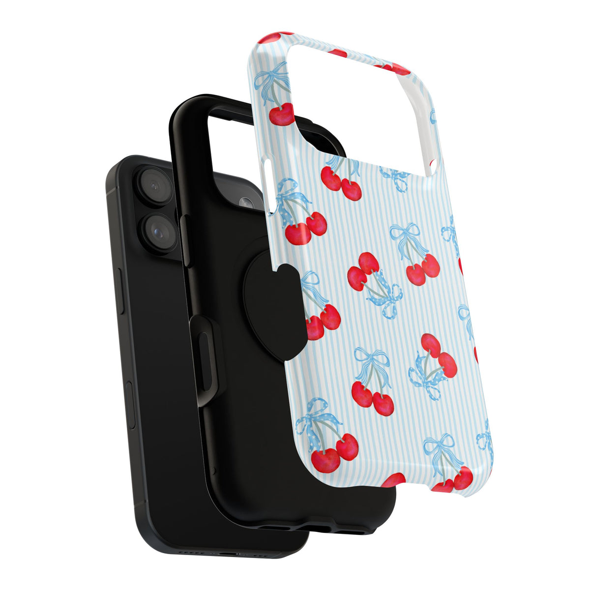 Blue Cherry Bow protective phone case, close-up of the dual-layer construction