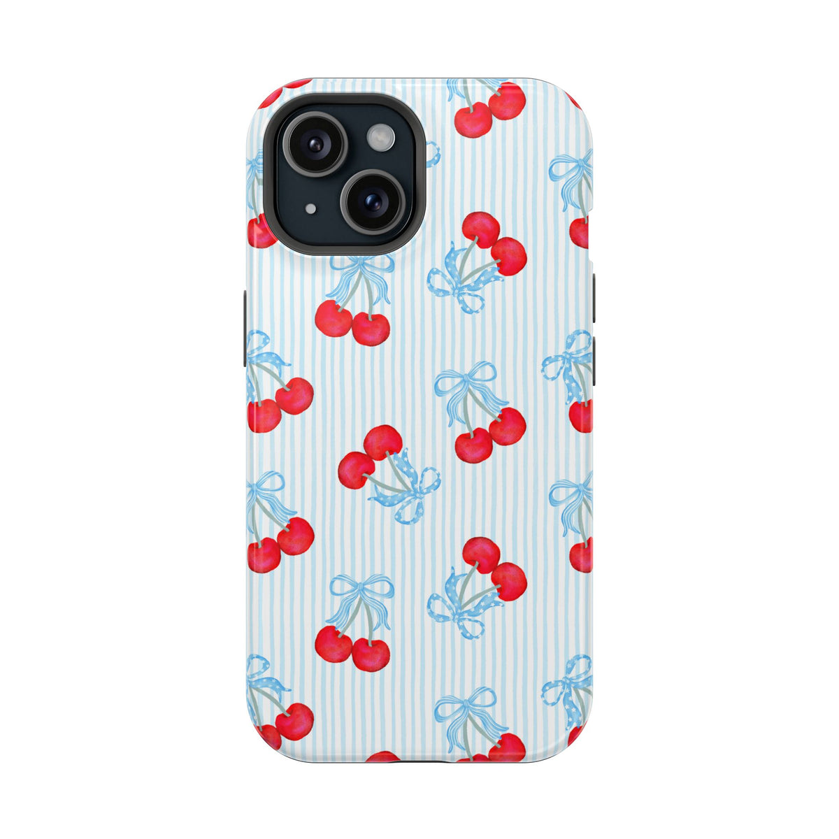 Blue Cherry Bow MagSafe case for iPhone 15, glossy finish