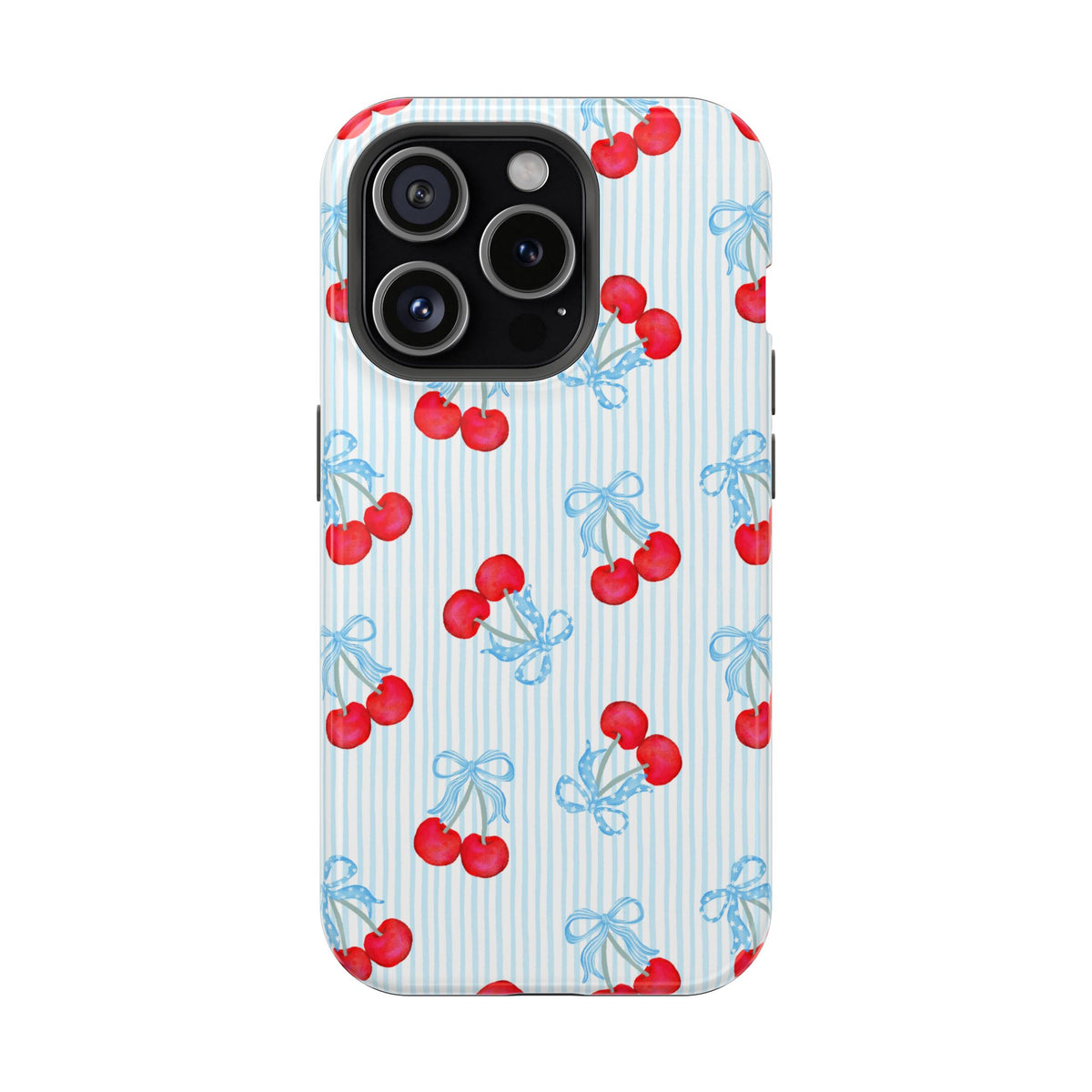 Blue Cherry Bow MagSafe case for iPhone 15 Pro, glossy finish