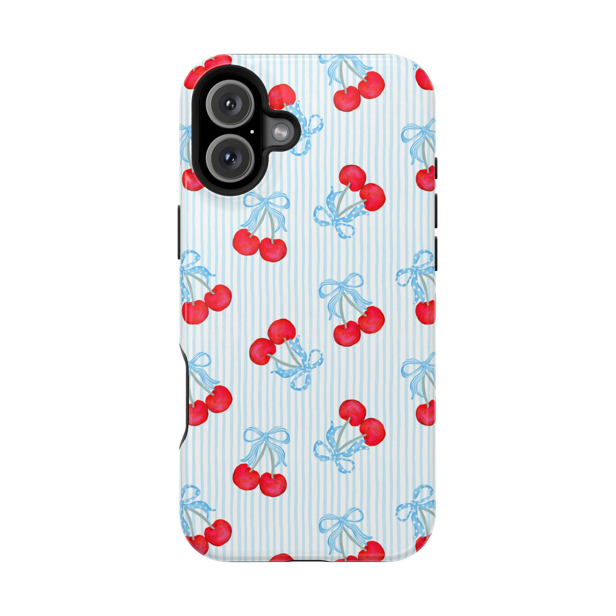 Blue Cherry Bow MagSafe case for iPhone 16 Plus, glossy finish