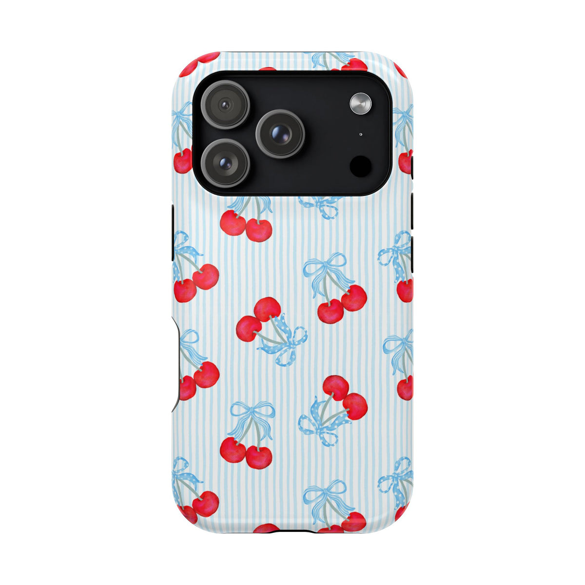 Blue Cherry Bow MagSafe case for iPhone 17 Pro, glossy finish