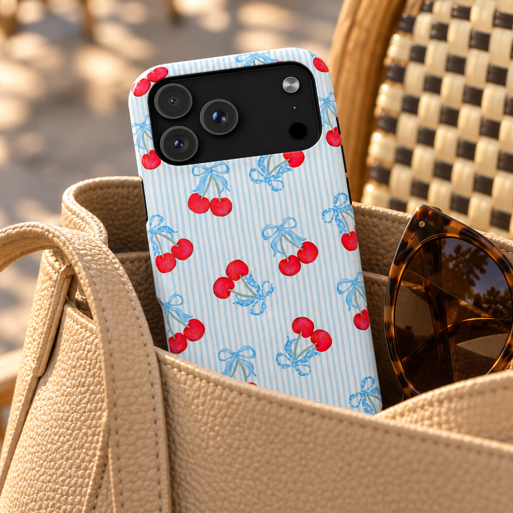 Blue Cherry Bow MagSafe case, red cherries and baby blue bows on blue pinstripes, lifestyle photo in a handbag