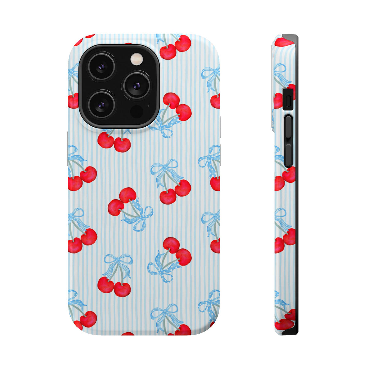 Blue Cherry Bow MagSafe case for iPhone 14 Pro, glossy finish