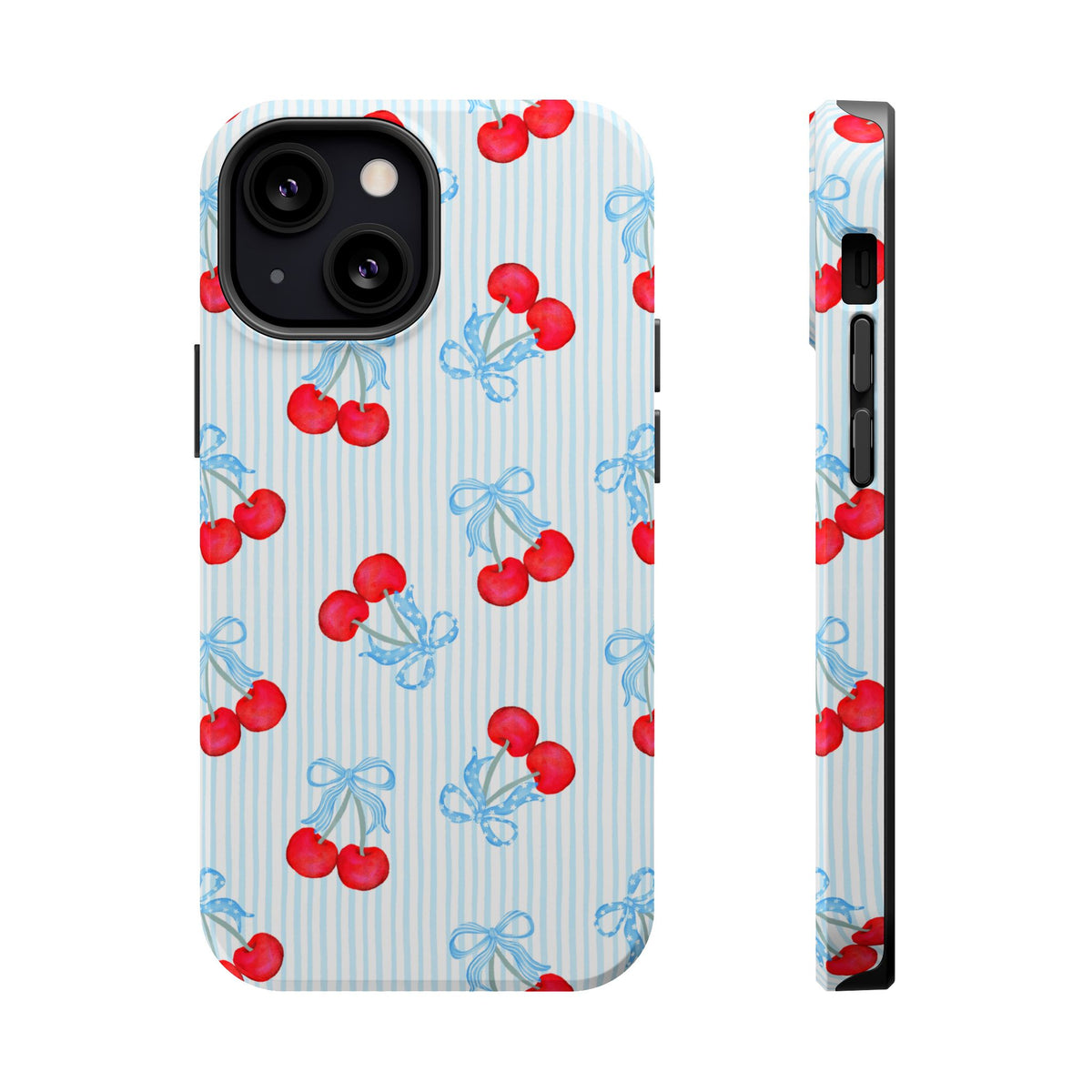 Blue Cherry Bow MagSafe case for iPhone 13 Mini, glossy finish