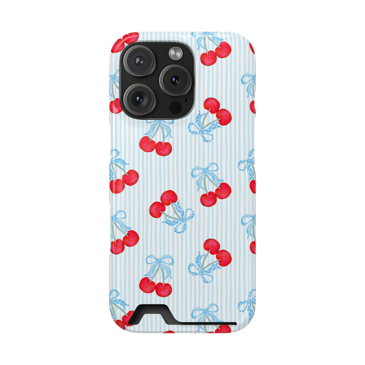 Blue Cherry Bow phone case with card holder for iPhone 16 Pro, glossy finish