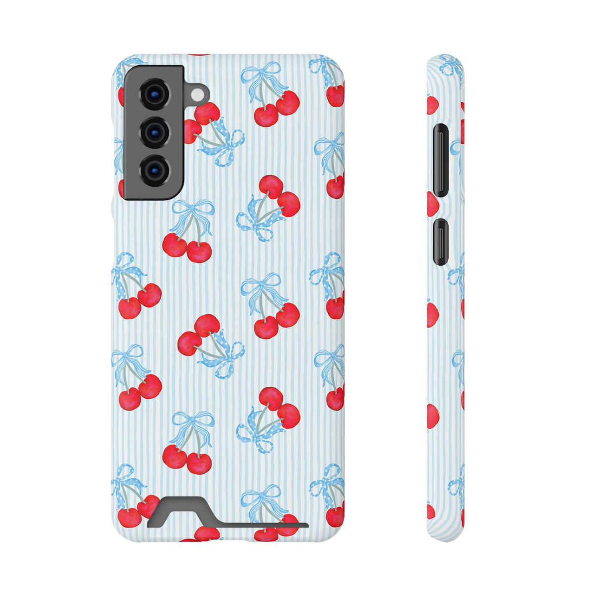 Blue Cherry Bow phone case with card holder for Samsung Galaxy S21 Plus, glossy finish