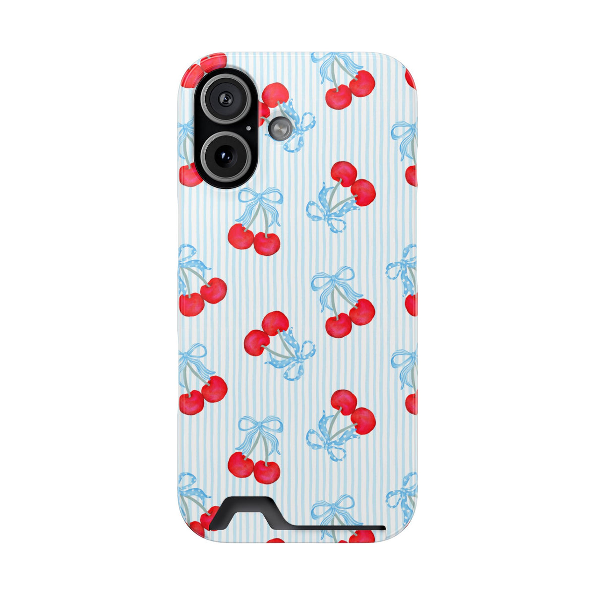 Blue Cherry Bow phone case with card holder for iPhone 17, glossy finish