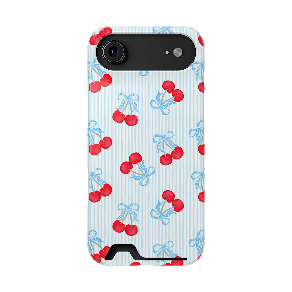 Blue Cherry Bow phone case with card holder for iPhone 17 Air, glossy finish