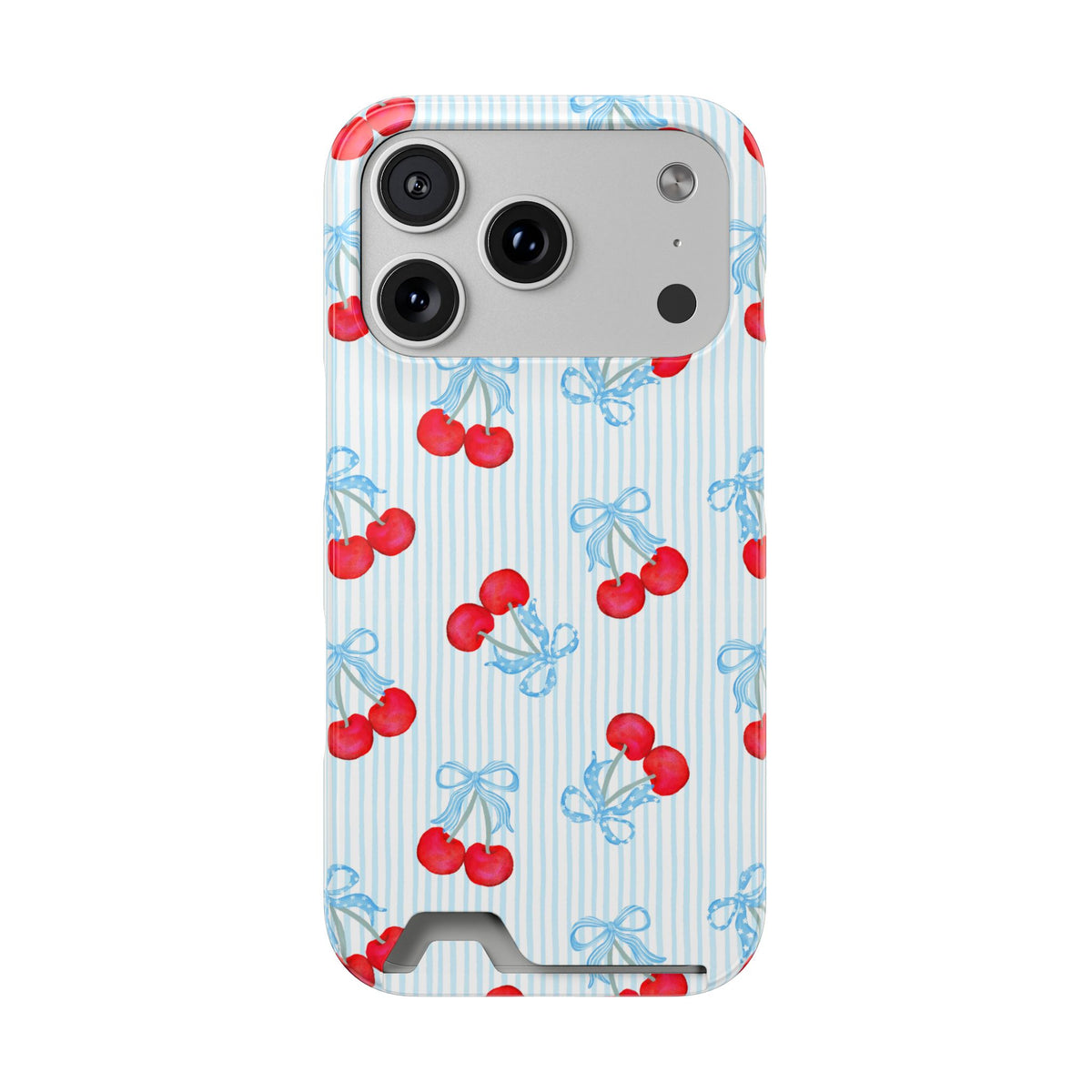 Blue Cherry Bow phone case with card holder for iPhone 17 Pro, glossy finish