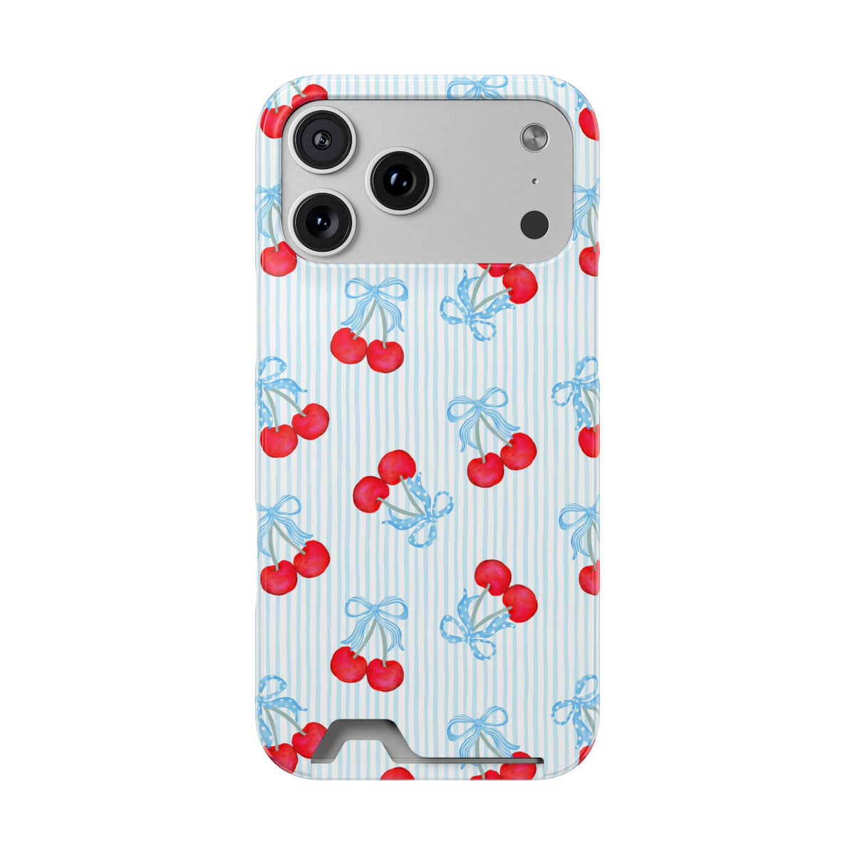 Blue Cherry Bow phone case with card holder for iPhone 17 Pro Max, glossy finish