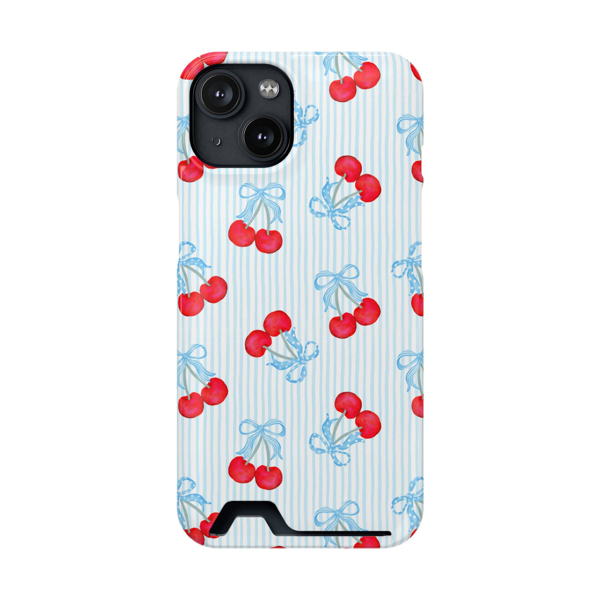 Blue Cherry Bow phone case with card holder for iPhone 14, glossy finish