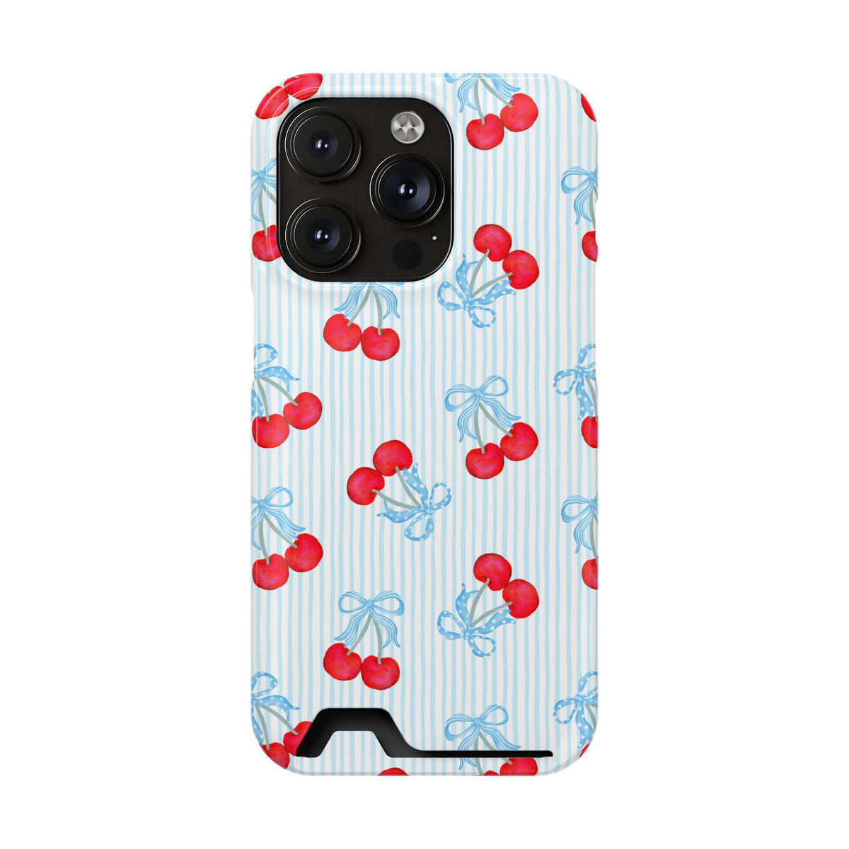 Blue Cherry Bow phone case with card holder for iPhone 14 Pro, glossy finish