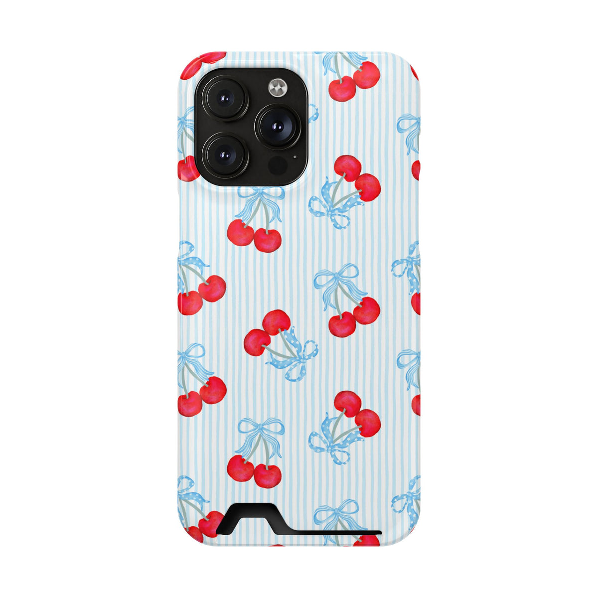 Blue Cherry Bow phone case with card holder for iPhone 14 Pro Max, glossy finish