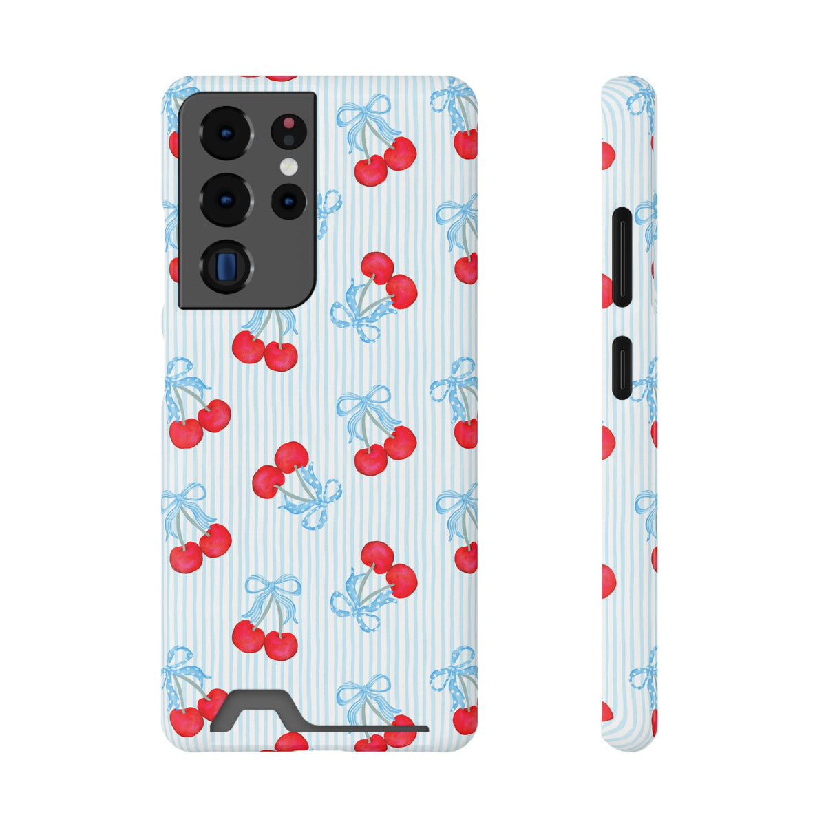 Blue Cherry Bow phone case with card holder for Samsung Galaxy S22 Plus, glossy finish