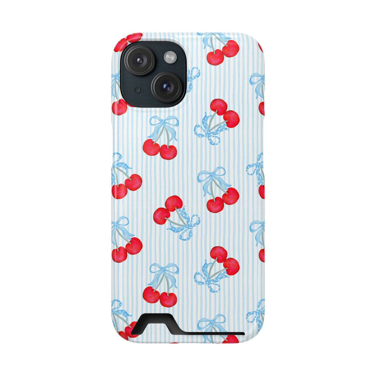 Blue Cherry Bow phone case with card holder for iPhone 15, glossy finish