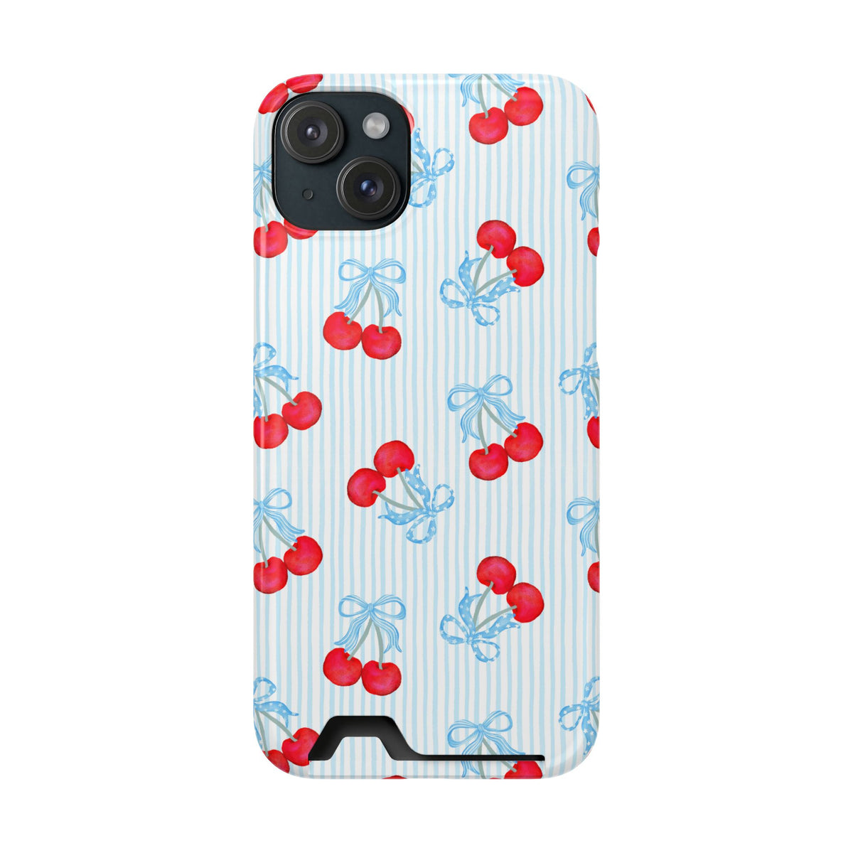 Blue Cherry Bow phone case with card holder for iPhone 15 Plus, glossy finish