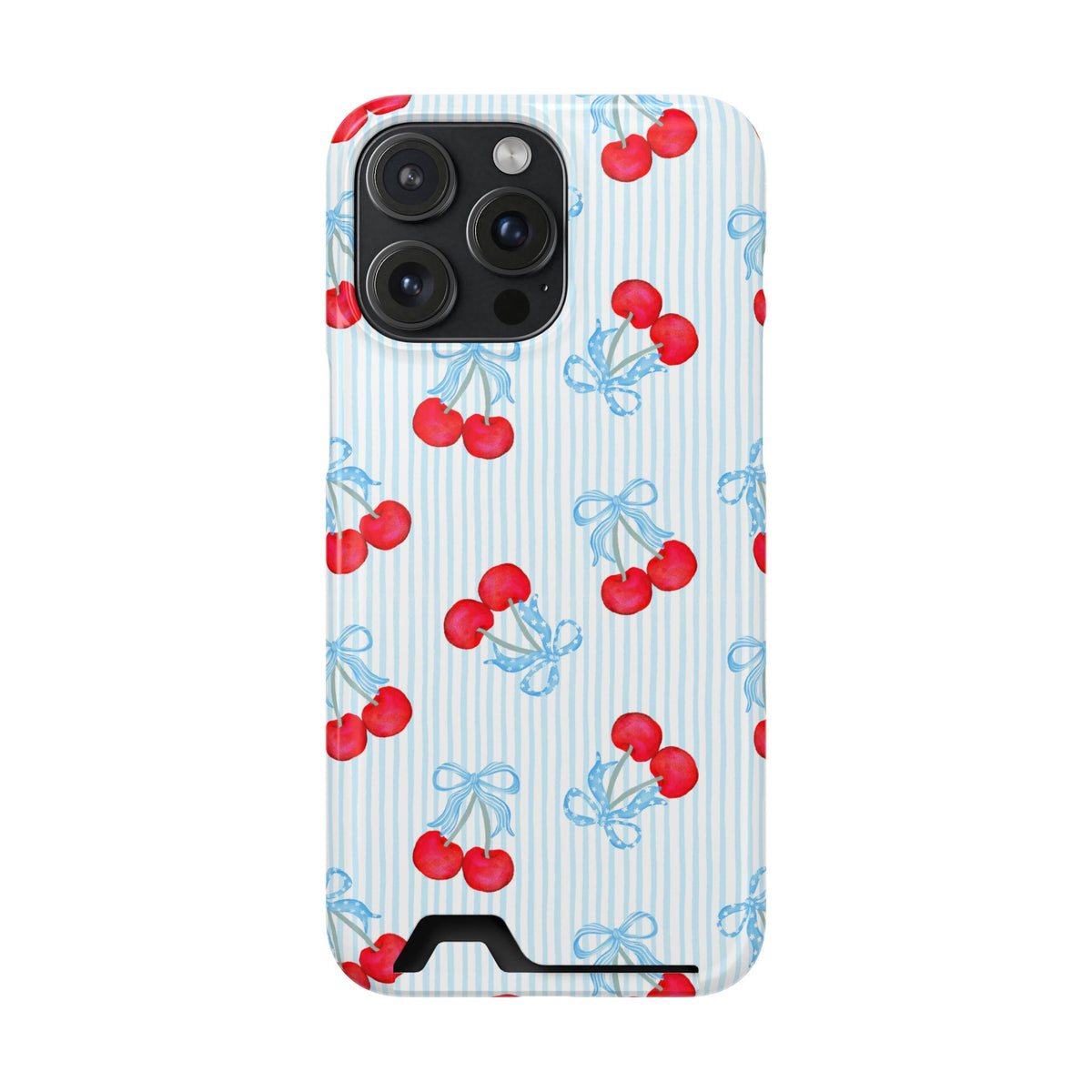 Blue Cherry Bow phone case with card holder for iPhone 15 Pro Max, glossy finish