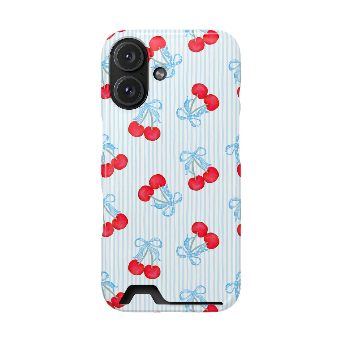 Blue Cherry Bow phone case with card holder for iPhone 16, glossy finish