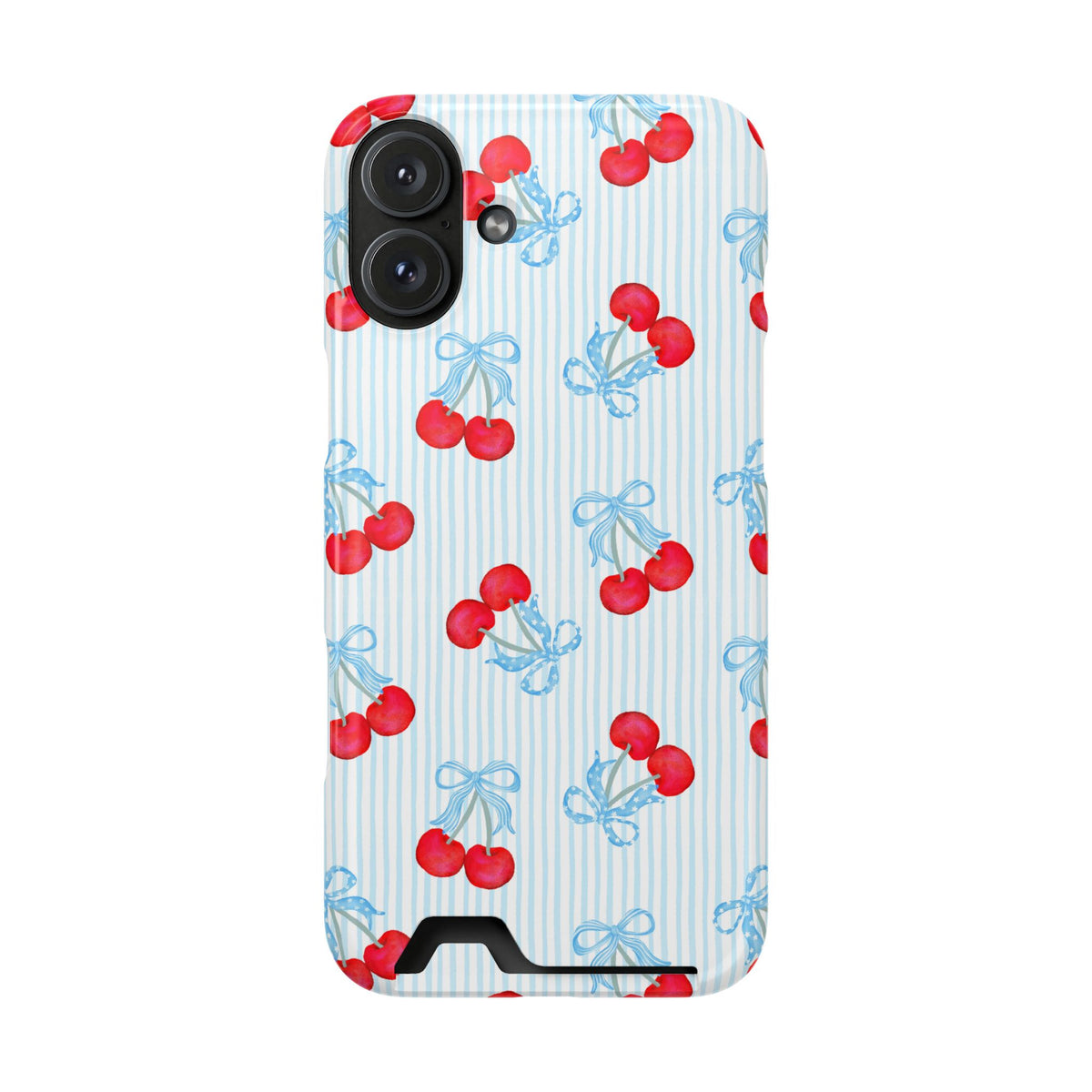 Blue Cherry Bow phone case with card holder for iPhone 16 Plus, glossy finish