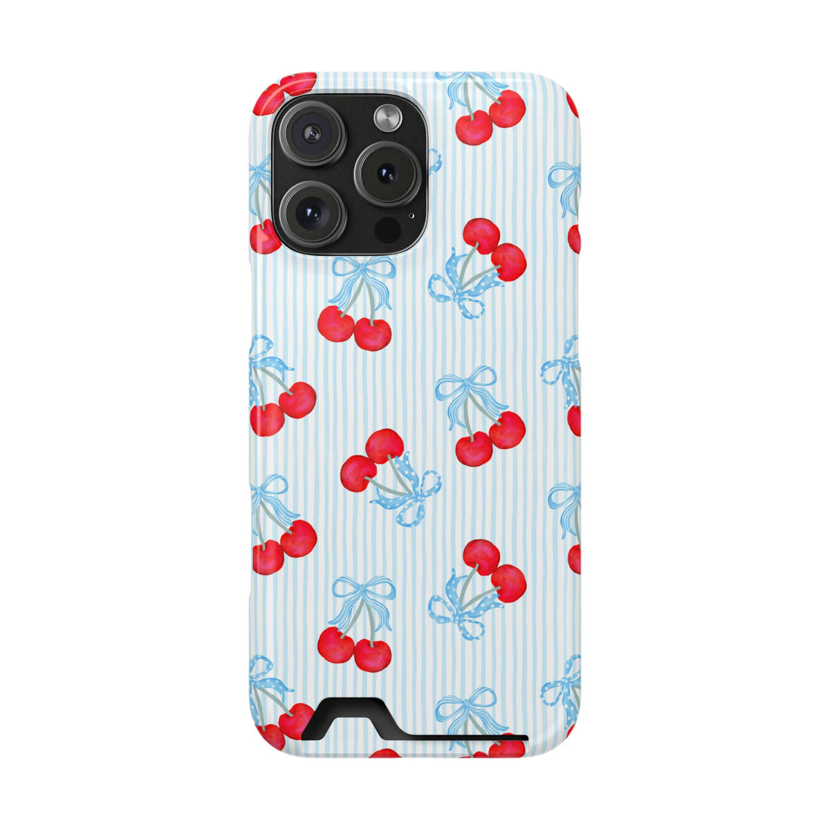 Blue Cherry Bow phone case with card holder for iPhone 16 Pro Max, glossy finish