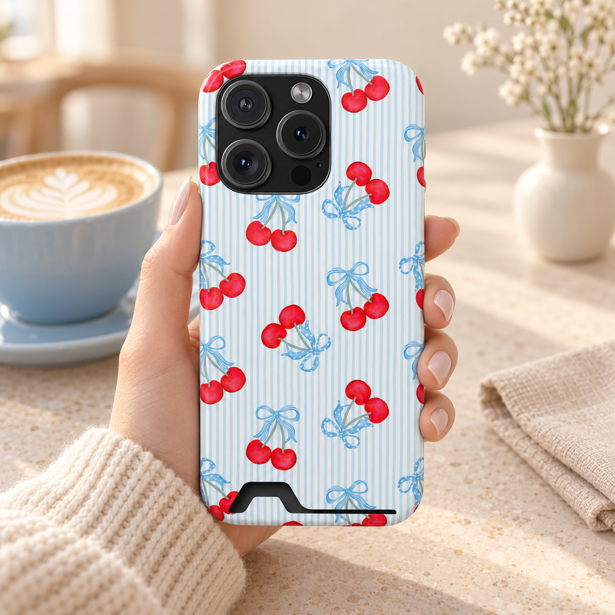 Blue Cherry Bow phone case with card holder, red cherries and baby blue bows on blue pinstripes, lifestyle photo in hand with coffee