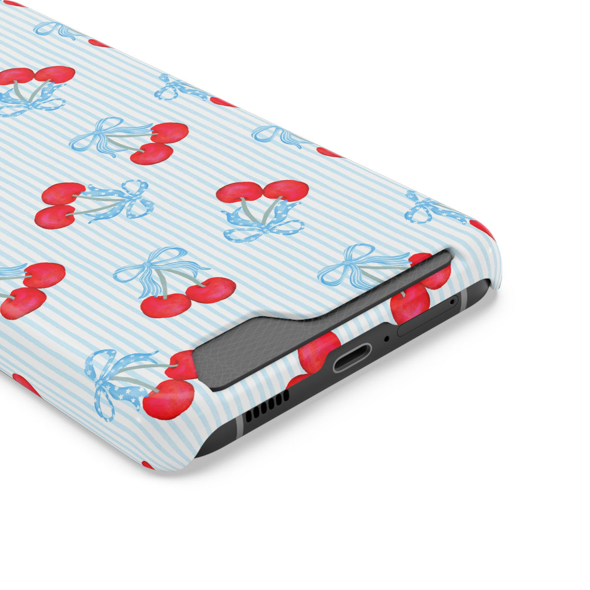Blue Cherry Bow phone case with card holder, close-up of the card slot