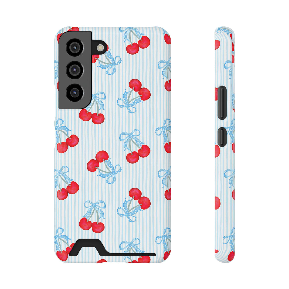 Blue Cherry Bow phone case with card holder for Samsung Galaxy S22, glossy finish