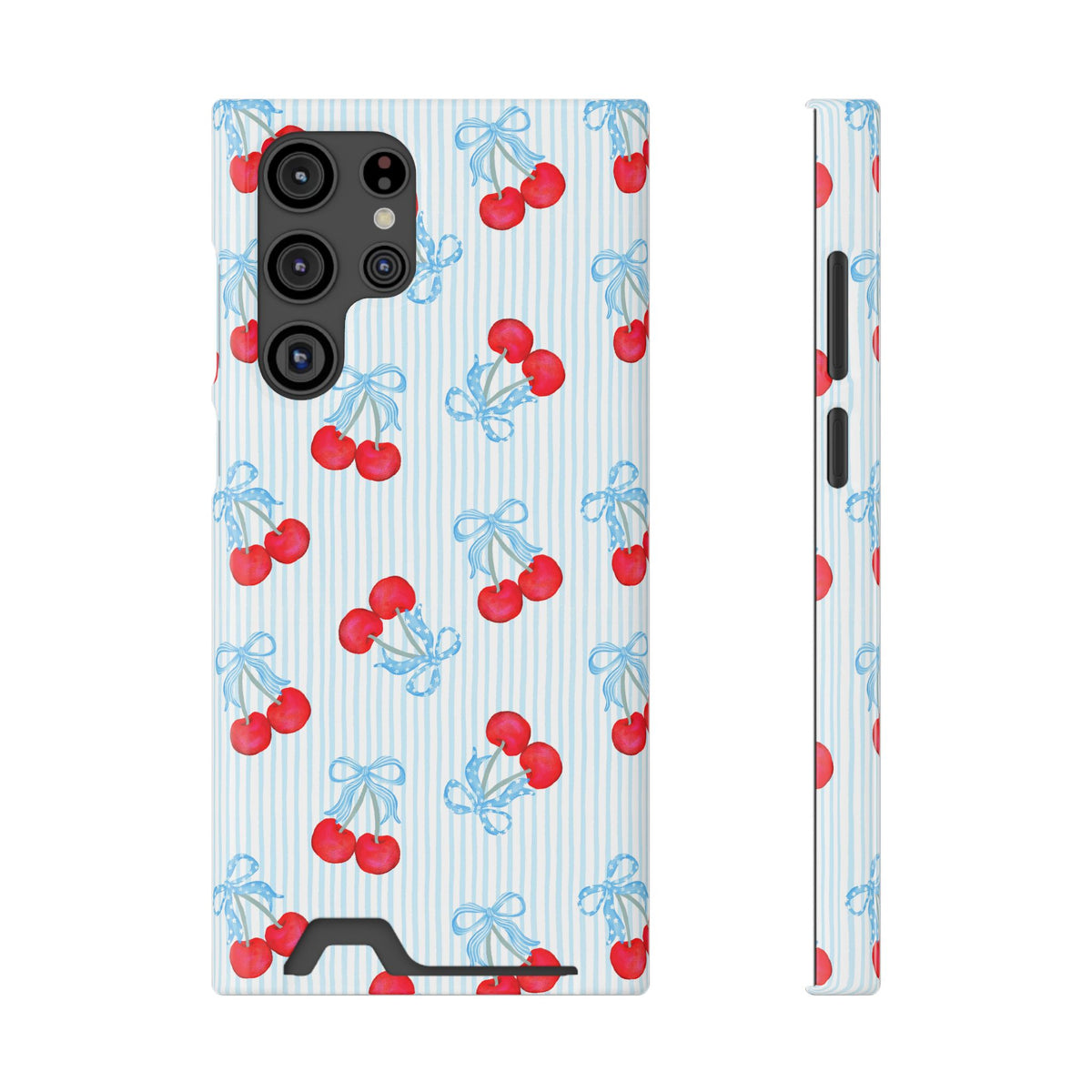 Blue Cherry Bow phone case with card holder for Samsung Galaxy S22 Ultra, glossy finish